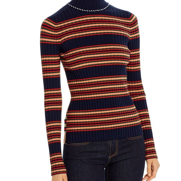 NWT Tory Burch striped ribbed  turtle neck wool sweater XL soft comfortab;e - Picture 1 of 12